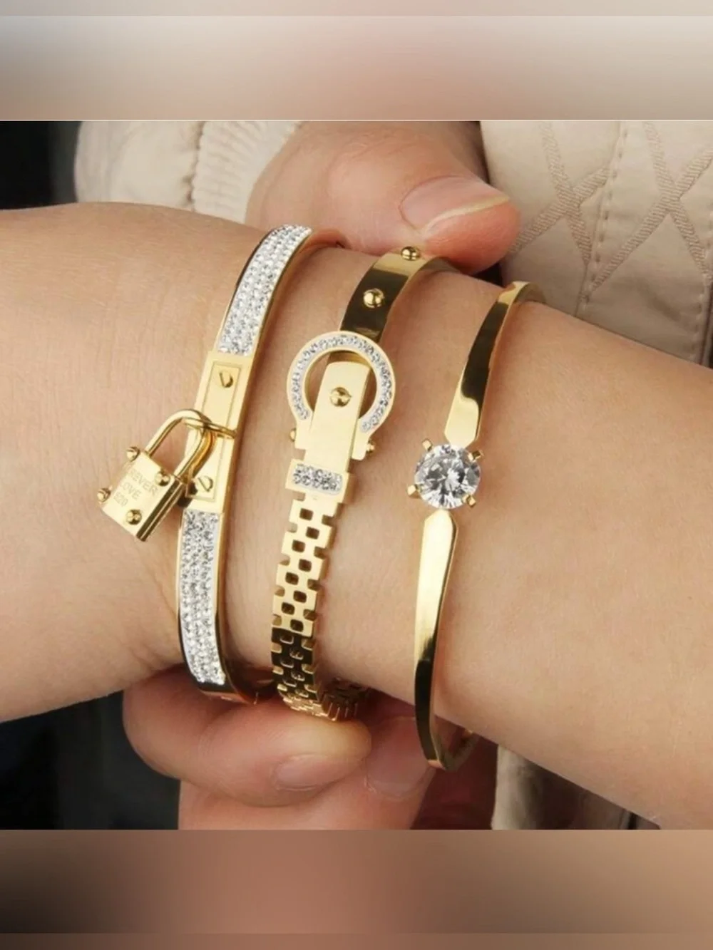 Gold Plated Stainless Steel 3-Piece Bracelet Set Lock,Buckle & Solitaire Design